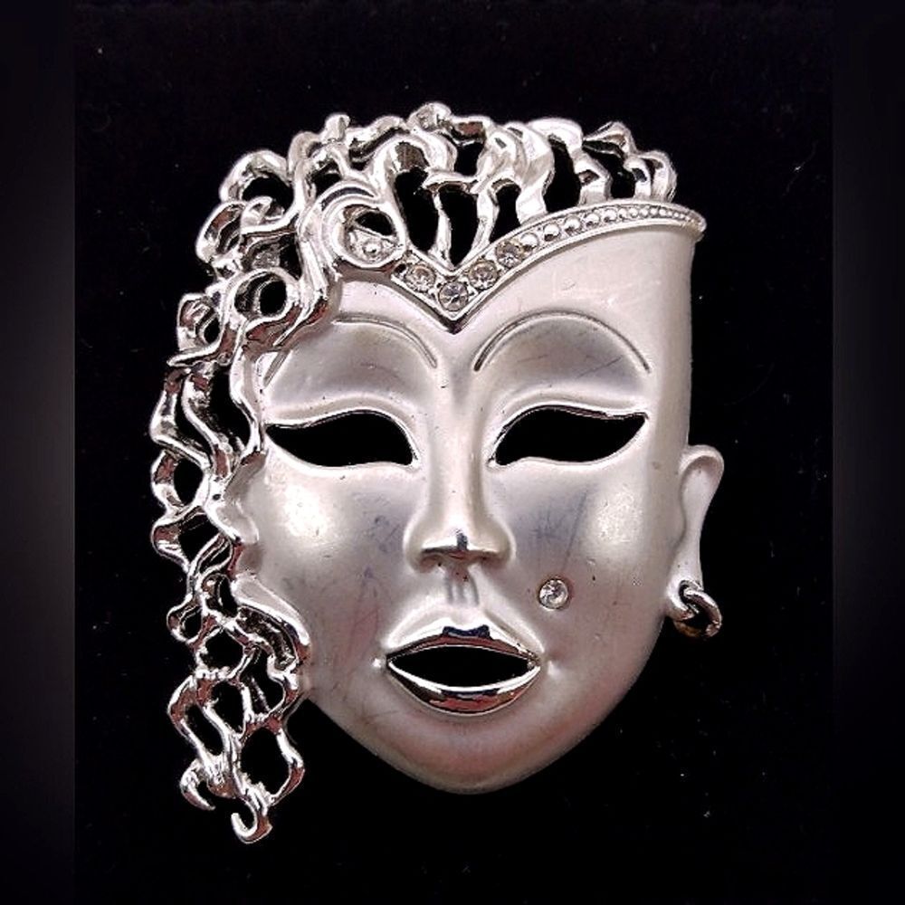 Silver Masquerade Mask Brooch Pendant Jewelry Vintage